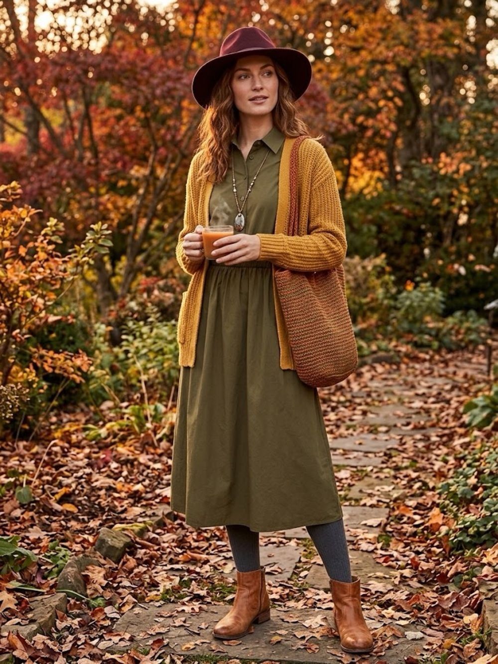 Zara Long Sleeve Midi Dress Size Medium Olive Green Fall Boho Lagenlook